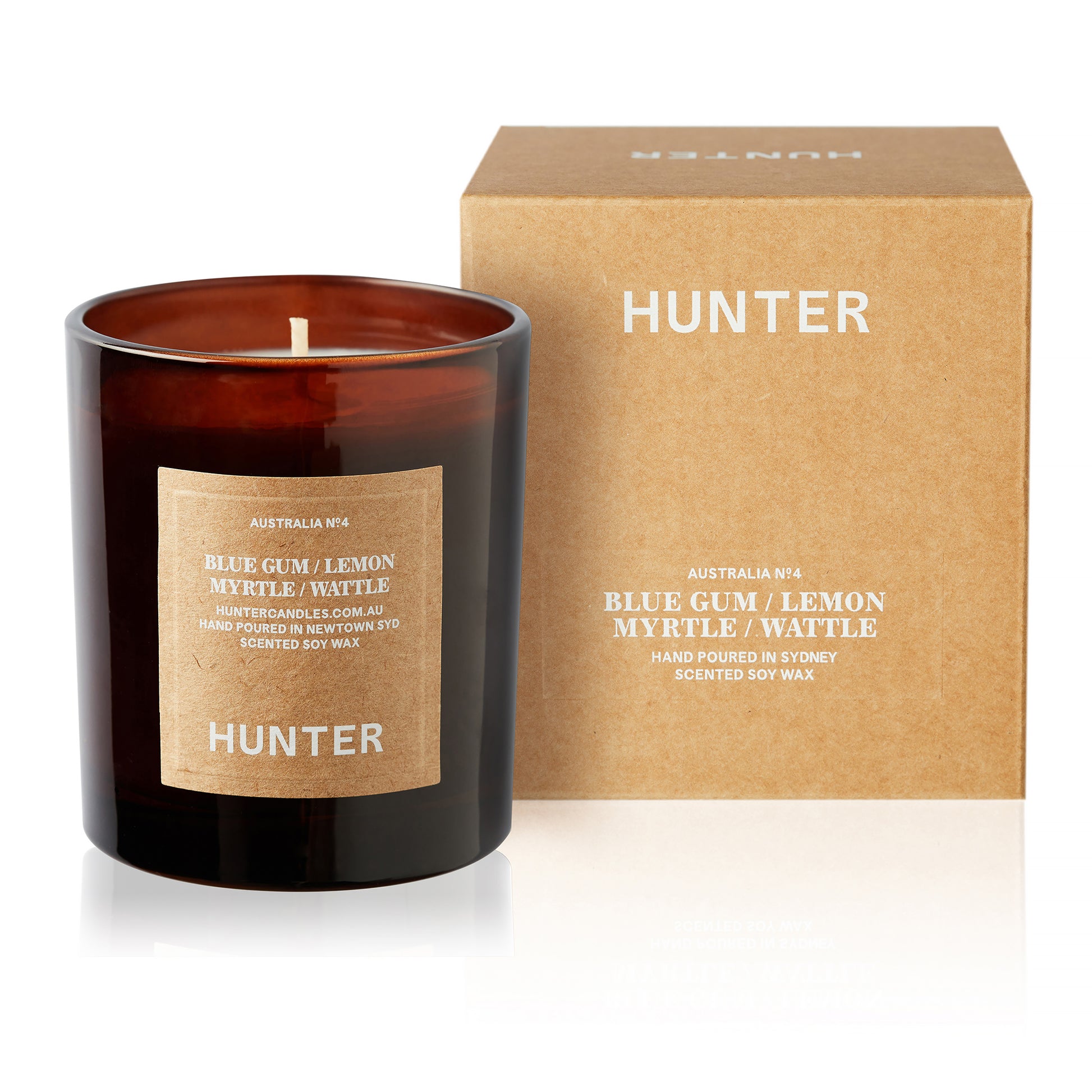 Hunter soy candle packaged in dark glass and fragranced Blue Gum, Lemon Myrtle, Wattle. Hand made in Sydney, Australia.