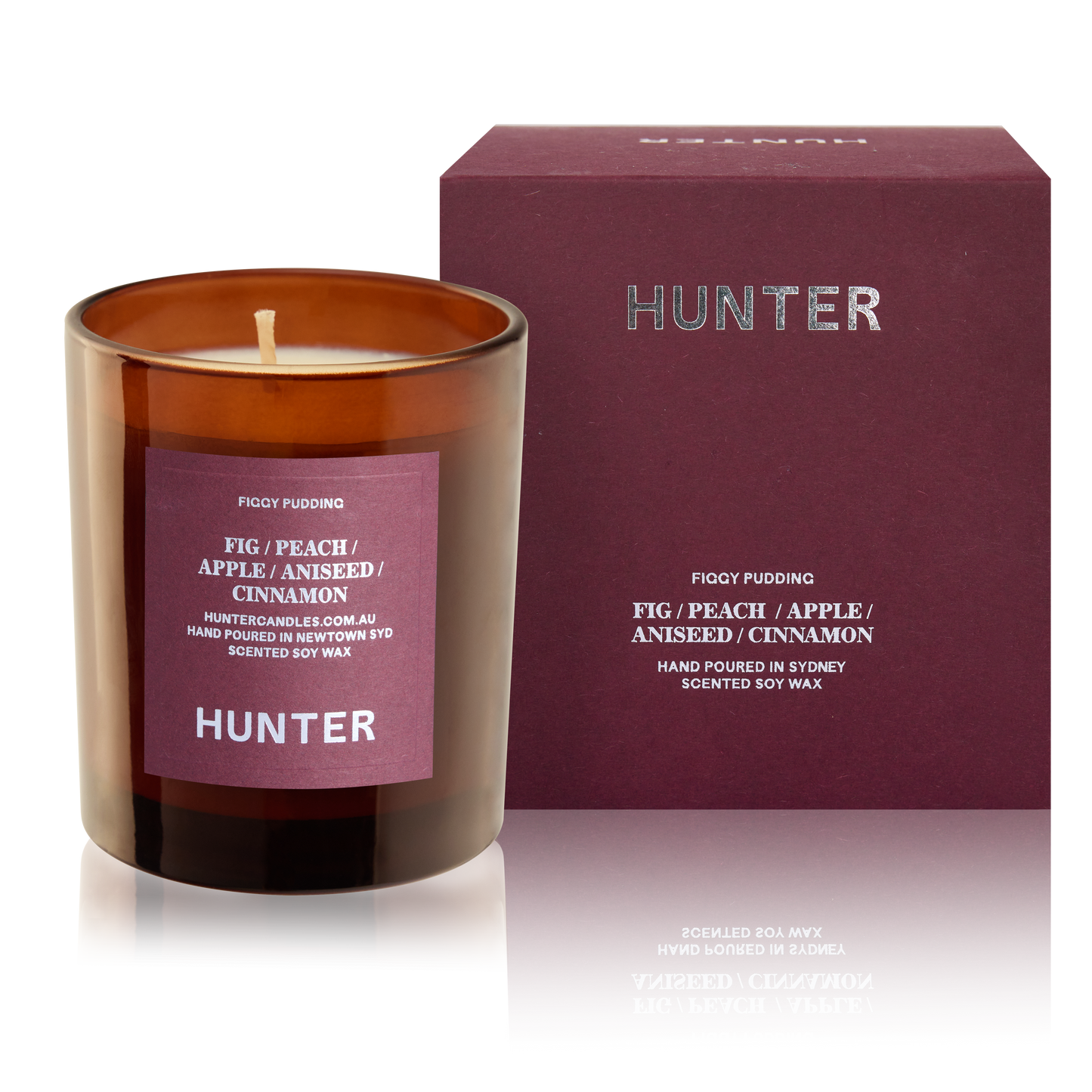 Limited Edition Hunter soy candle packaged in dark glass and fragranced Figgy Pudding for Christmas. Delight in Fig, Peach, Apple, Aniseed and Cinnamon. Hand made in Sydney, Australia.