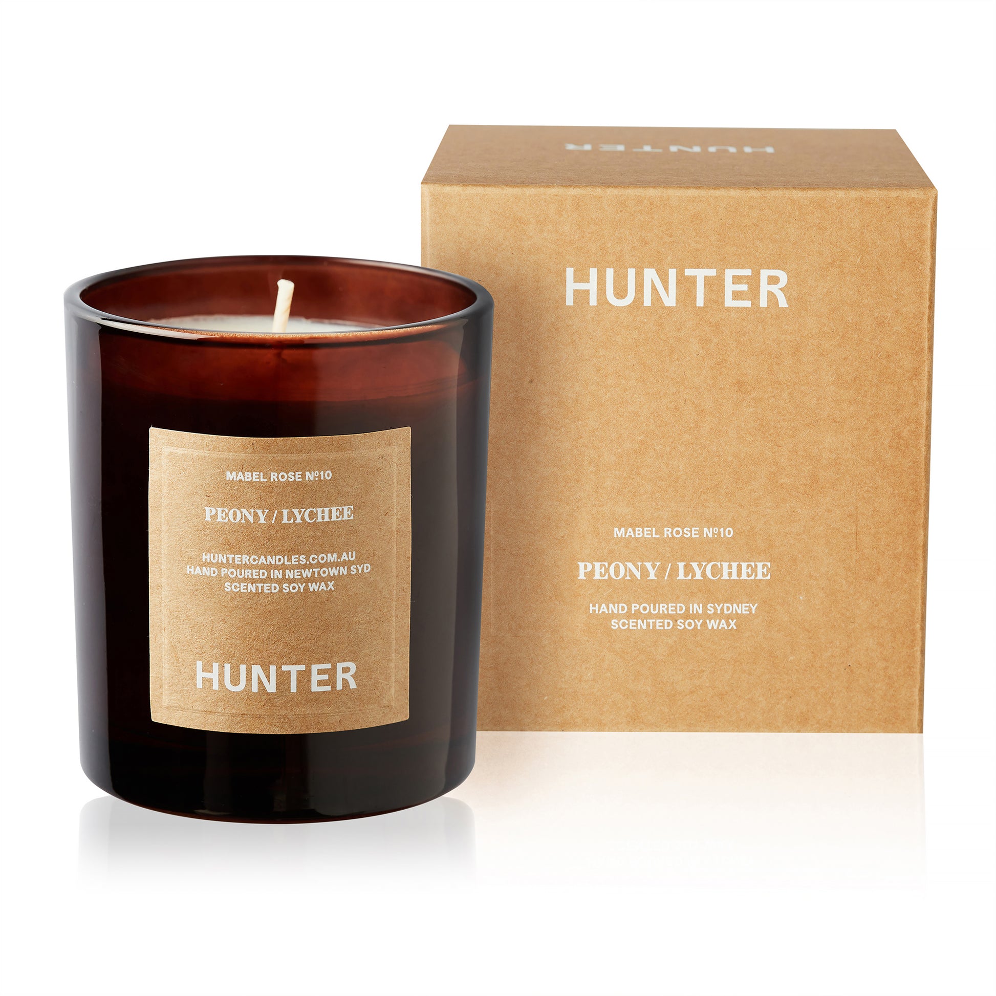 Hunter soy candle packaged in dark glass and fragranced Peony And Lychee. Hand made in Sydney, Australia.